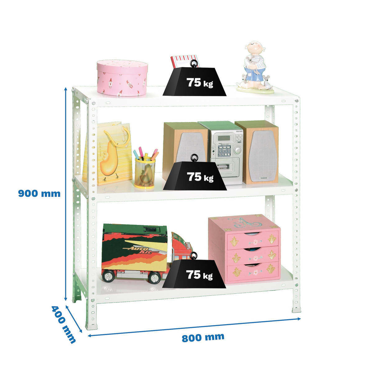 SCHRAUBREGAL PANDA MINI | HxBxT 90x80x40cm | 3 Fachböden | Fachlast 75kg | Weiß - Weiß, Metall (80/90/40cm) - PROREGAL