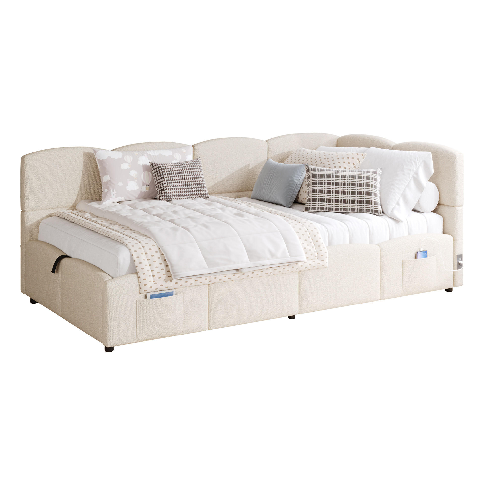 POLSTERBETT 90/200 cm Beige aus Bouclé mit Stauraum und USB- und Type-C-Anschlüssen - Beige, Textil (90/200cm) - Flora Grace