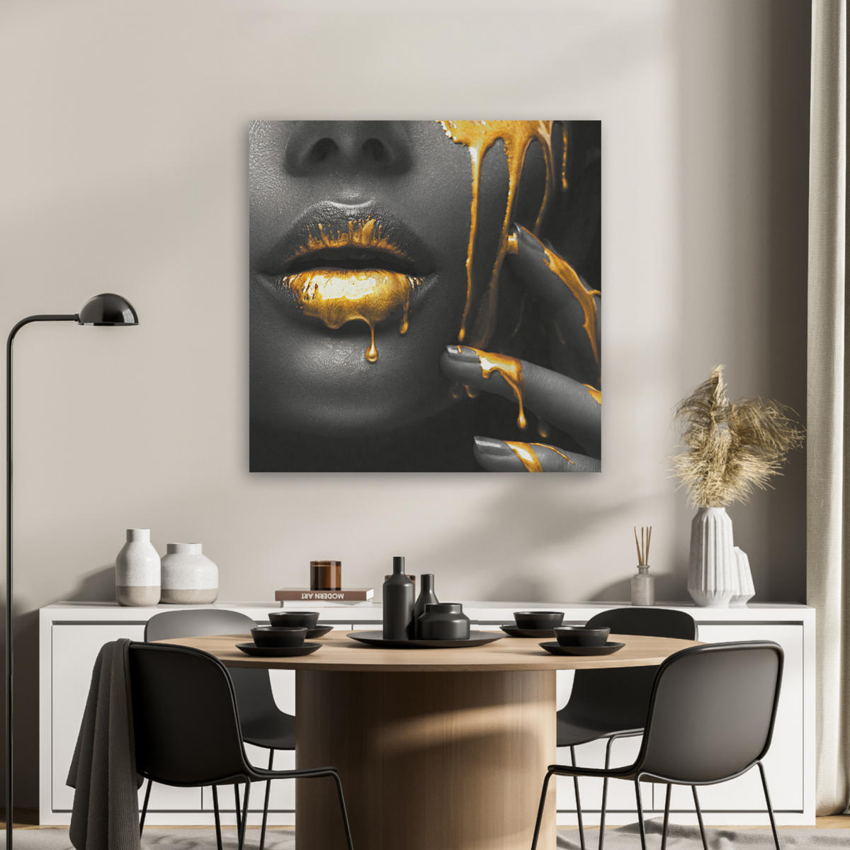 AKUSTIKBILD Frau - Schwarz - Gold - Gesicht - Lippen Akustikpaneele 80x80 cm - Goldfarben, Kunststoff (80/80/0.9cm) - MuchoWow