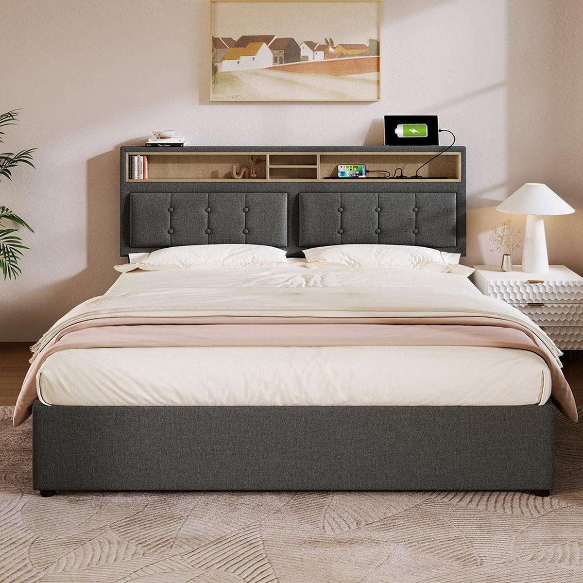 POLSTERBETT 4 Schubladen Höhenverstellbares Kopfteil 140*200cm - Grau, Textil (140/200cm)