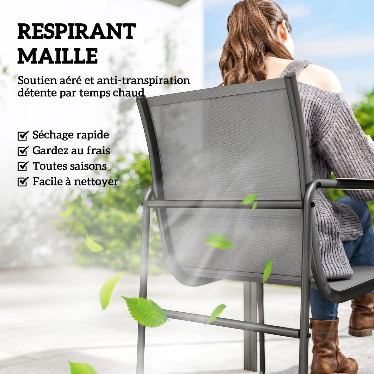GARTENTISCHGRUPPE DE-18126 7-teilig, mit Mesh-Bezug & Teak-Armlehnen Grau - Grau, Metall - ComfortXL