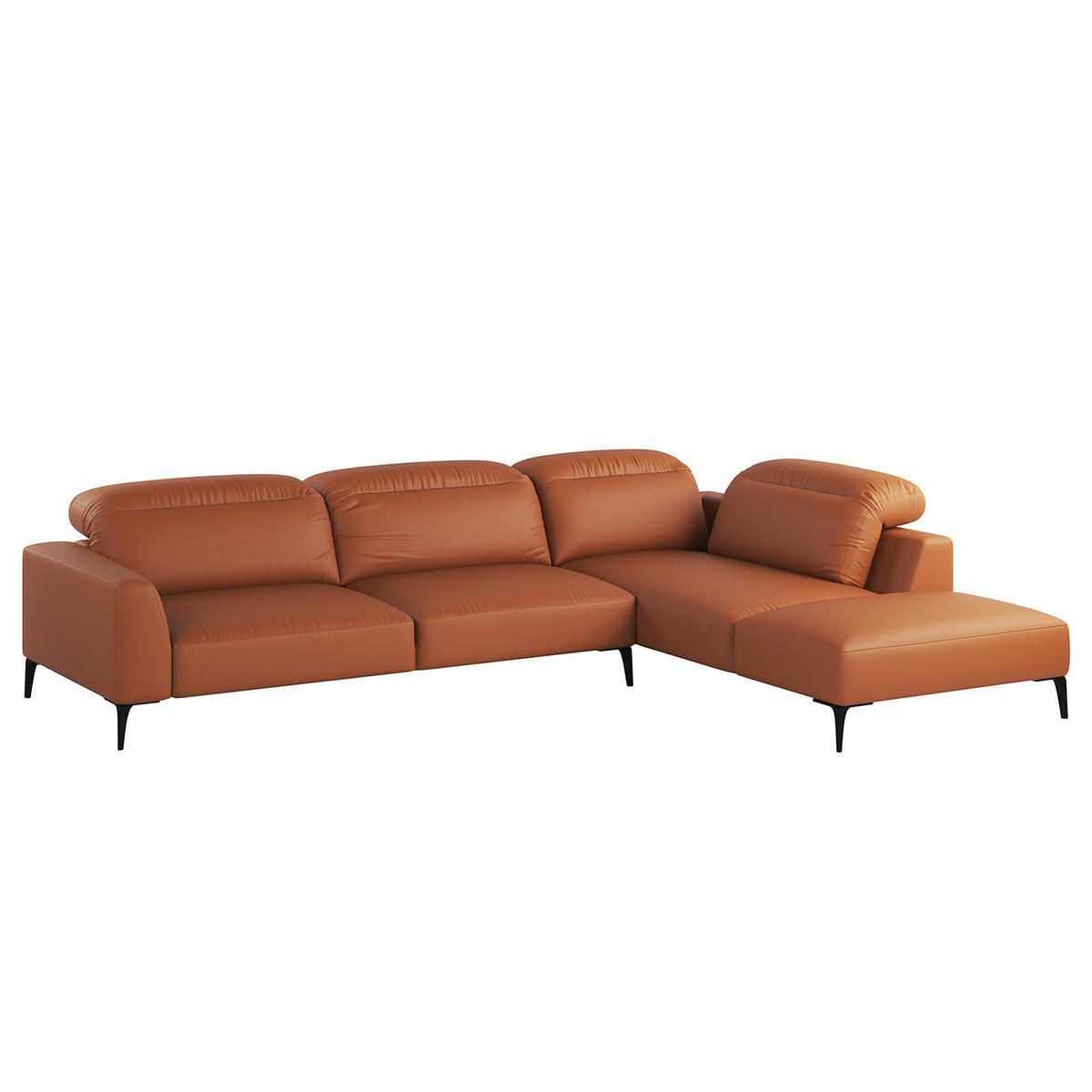 ECKSOFA mit Ottomane - Kastanienfarben/Schwarz, Leder/Metall (325/238cm) - home24