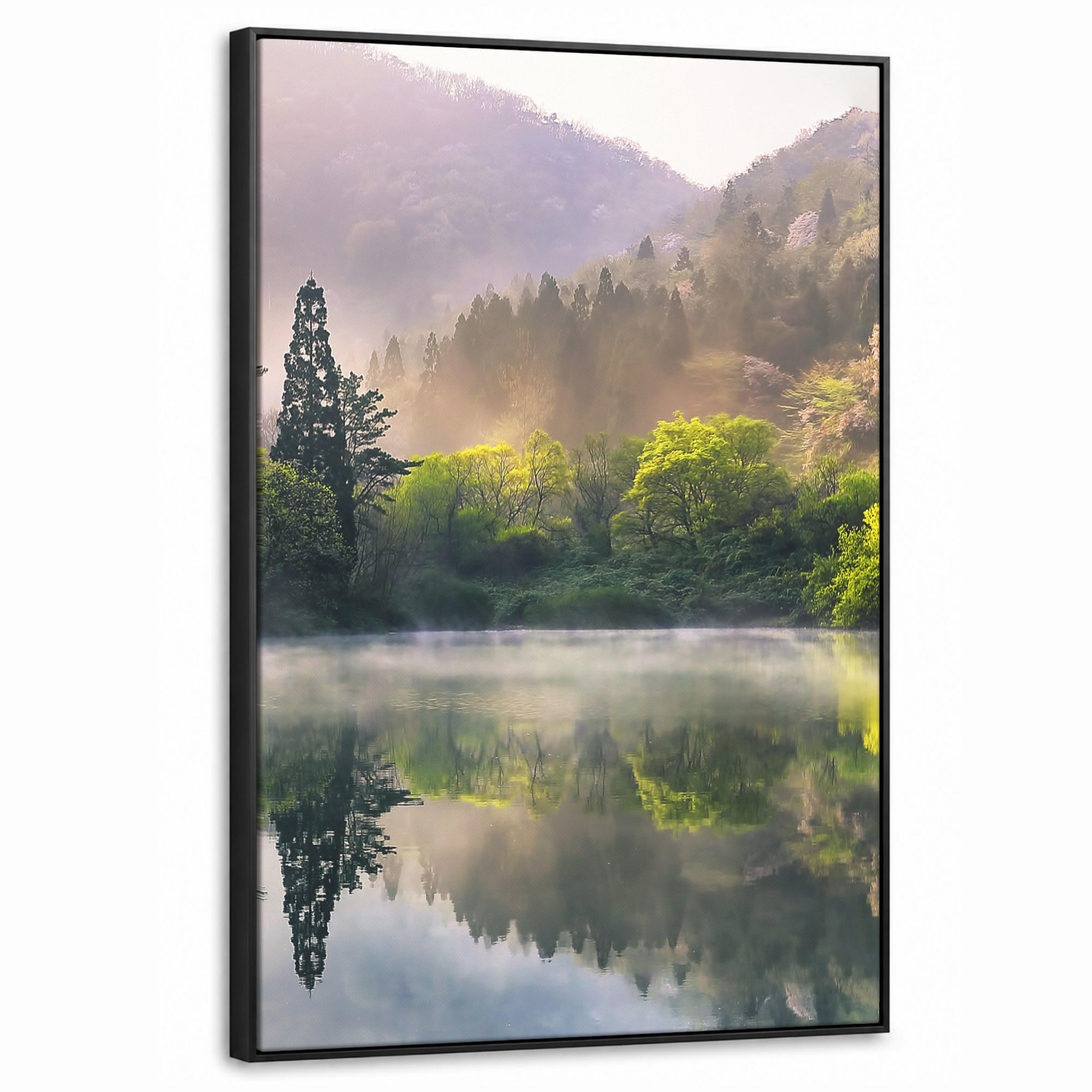 LEINWAND Bilder mit Rahmen - Natur - Bäume - Berge - See - Wasser - 60x90 - Hellgrün, Textil (60/90cm) - MuchoWow