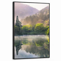 LEINWAND Bilder mit Rahmen - Natur - Bäume - Berge - See - Wasser - 60x90 - Hellgrün, Textil (60/90cm) - MuchoWow