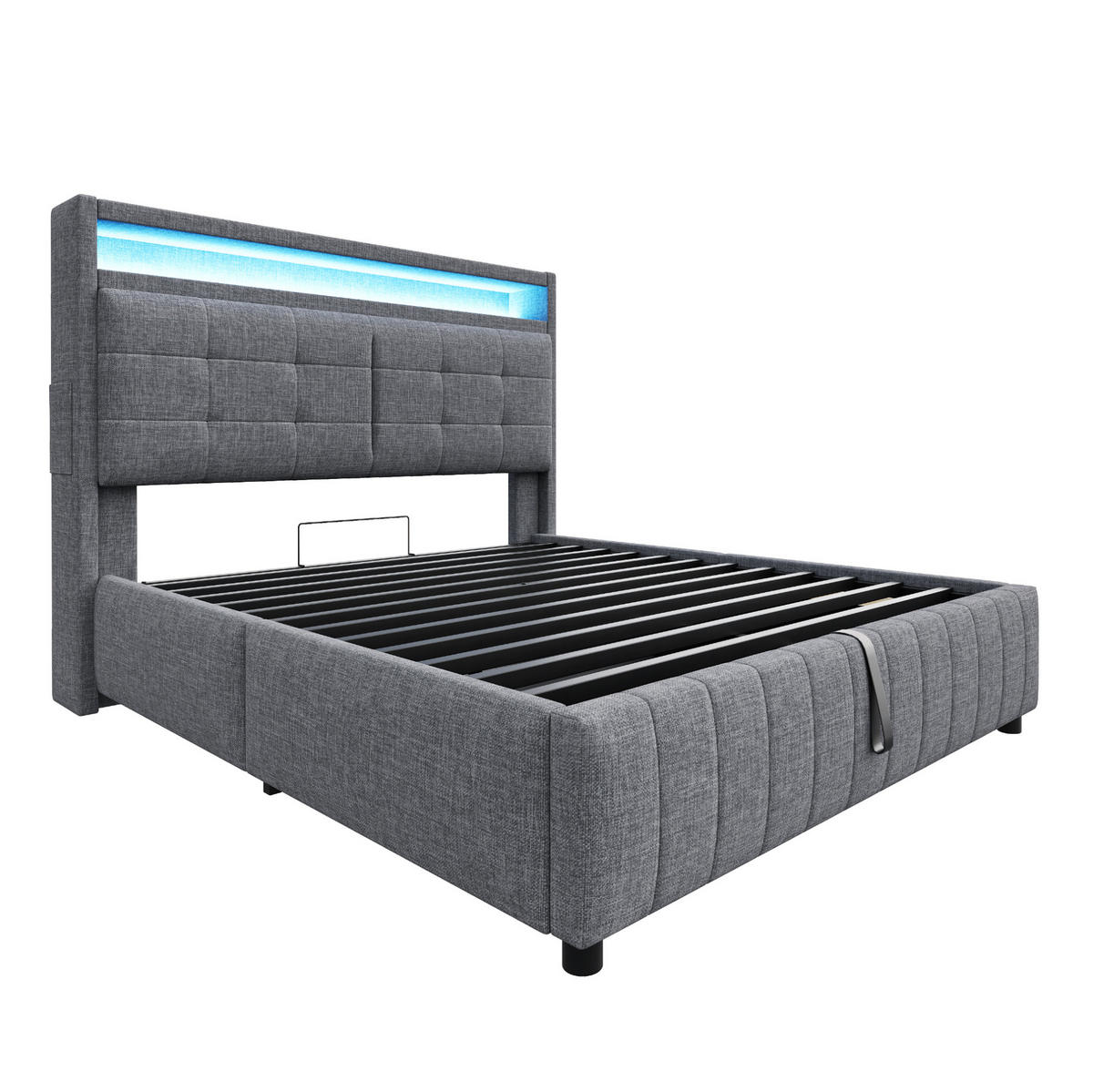 POLSTERBETT 160/200 cm grau mit LED-Beleuchtung und USB-Anschluss - Grau, Textil (160/200cm) - OKWISH