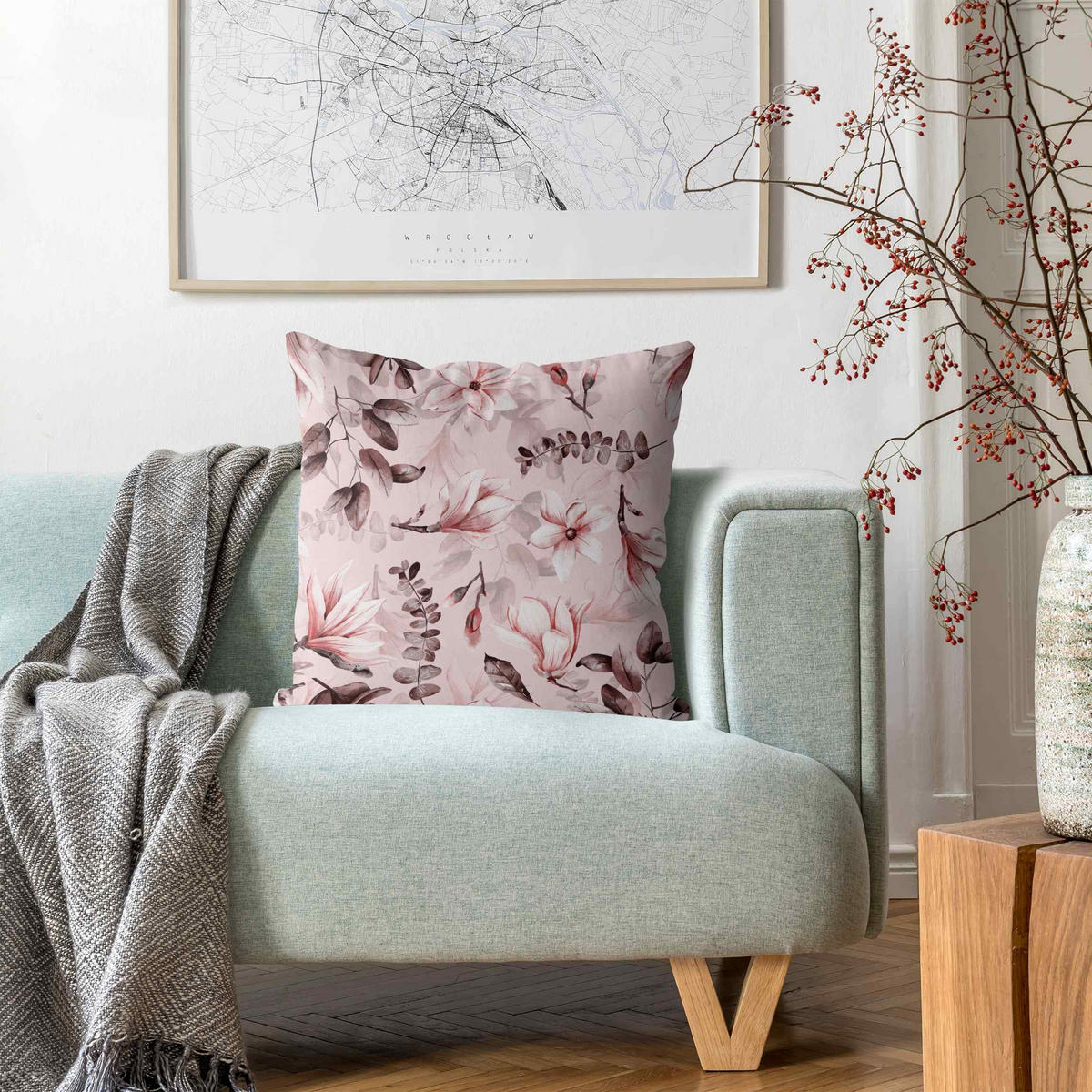 KISSENBEZUG Blüten mit Grauen Blättern vor Rosa 40/40 cm - Rosa, Textil (40/40cm) - Bilderwelten