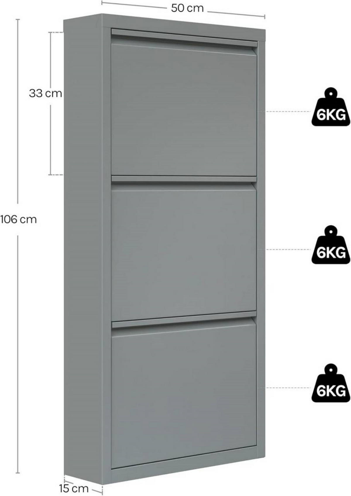 SCHUHSCHRANK mit 3 Klappen, 50x106x15cm, Hellgrau - Hellgrau, Metall (50/106/15cm) - Woltu