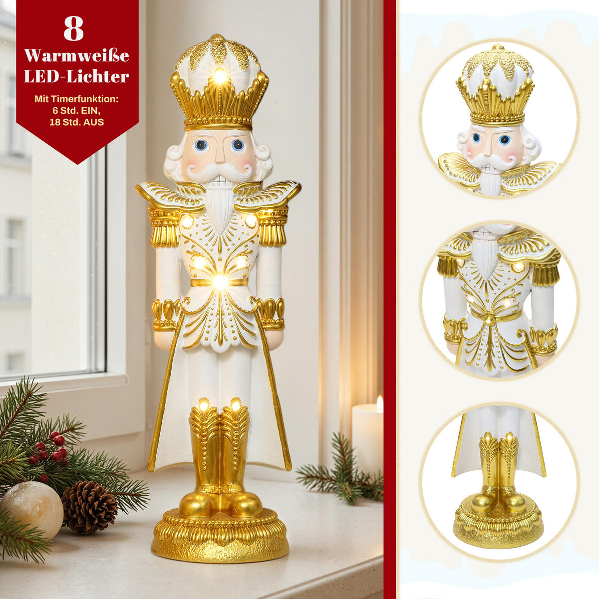 HOMETOPIA Nussknacker Figur 61 cm, Weihnachtsdeko mit 8 LEDs, Timer, MgO - Goldfarben, Naturmaterialien (16/61/19.5cm) - Hometopia