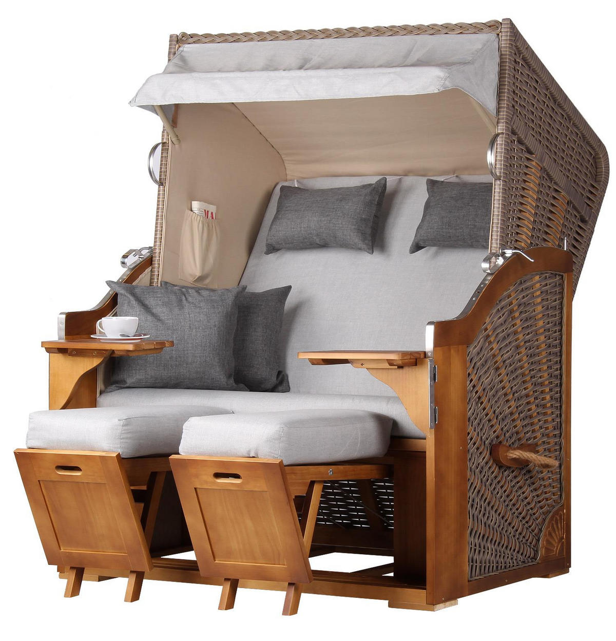 STRANDKORB Komplettset - Schleswig Pinie - PE mokka - Modell 559 - Hellgrau, Holz (120/160/80cm) - bene living