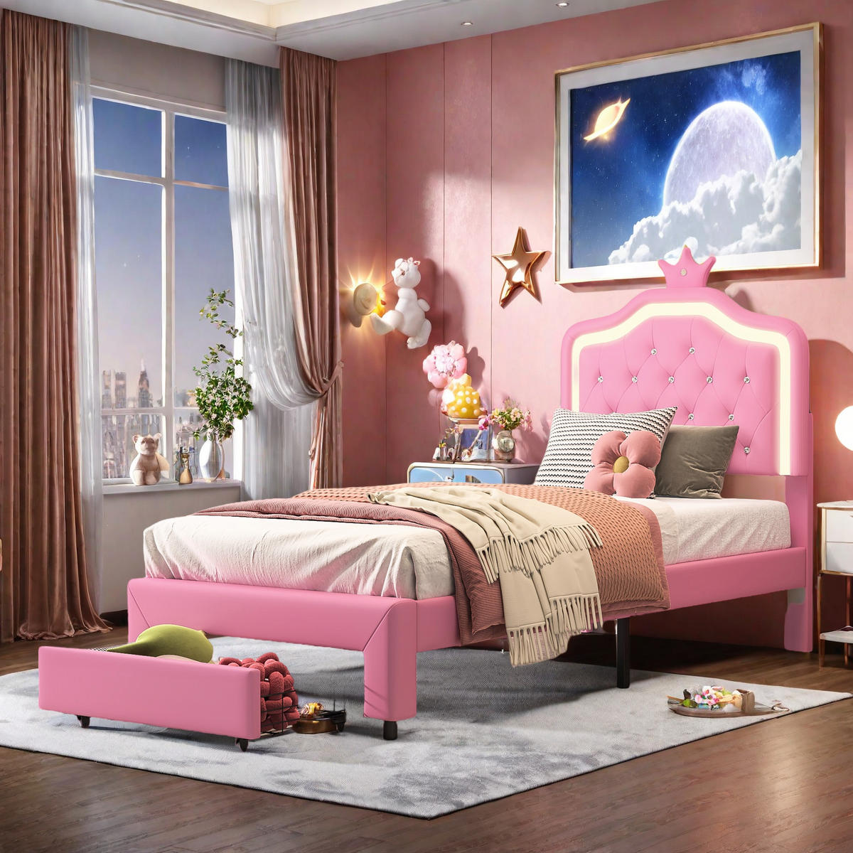 ČALÚNENÁ posteľ 90x200 cm Ružová PU LED zásuvka - ružová, kov - SHOPENTRA