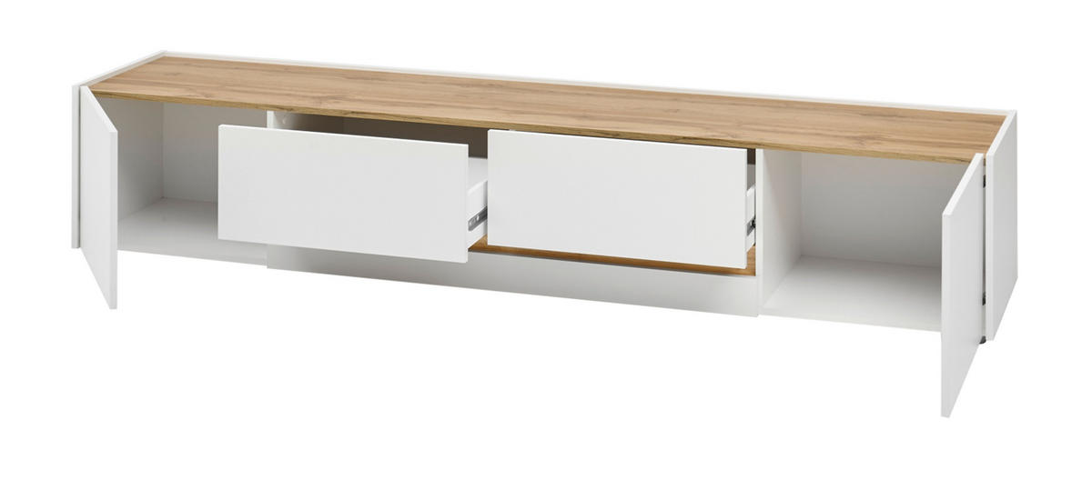WOHNWAND 2-teilig weiß, Eiche Wotan 300 cm, Schrankwand mit XL-Lowboard - Eiche Wotan/Schwarz, Glas/Holz (300/180/45cm) - Furn.Design