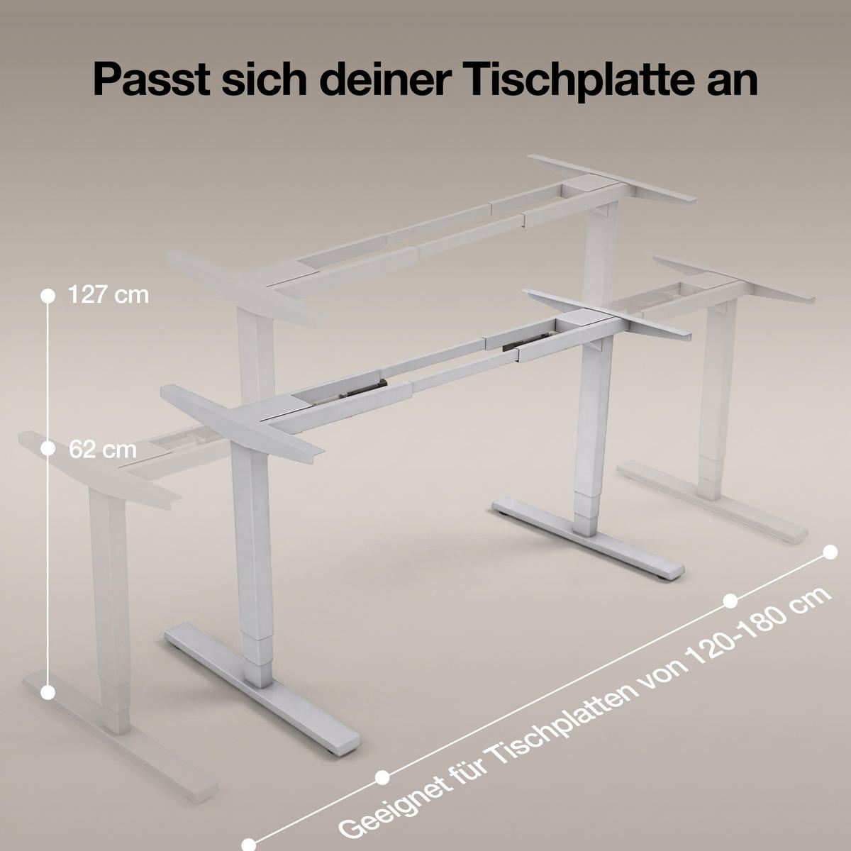 SCHREIBTISCHGESTELL Elektrisch höhenverstellbares Schreibtischgestell /62-127cm Weißaluminium - Silberfarben, Metall (117/25/23cm) - ASSMANN