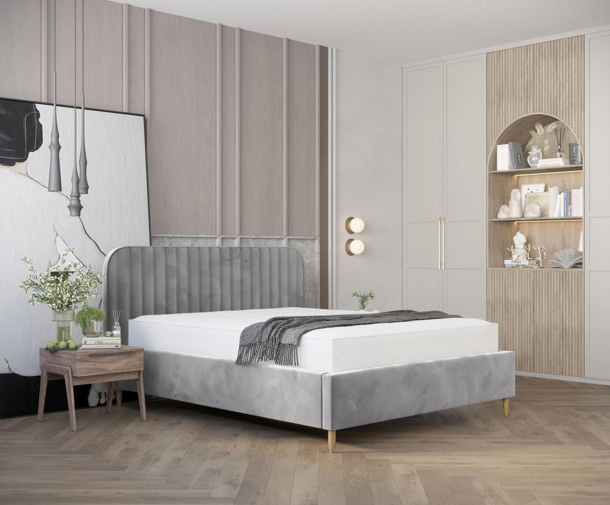POLSTERBETT Noto Grau 120/200 cm im Samtstoff - Naturfarben/Grau, Holz/Holzwerkstoff (120/200cm) - Maison de Reve