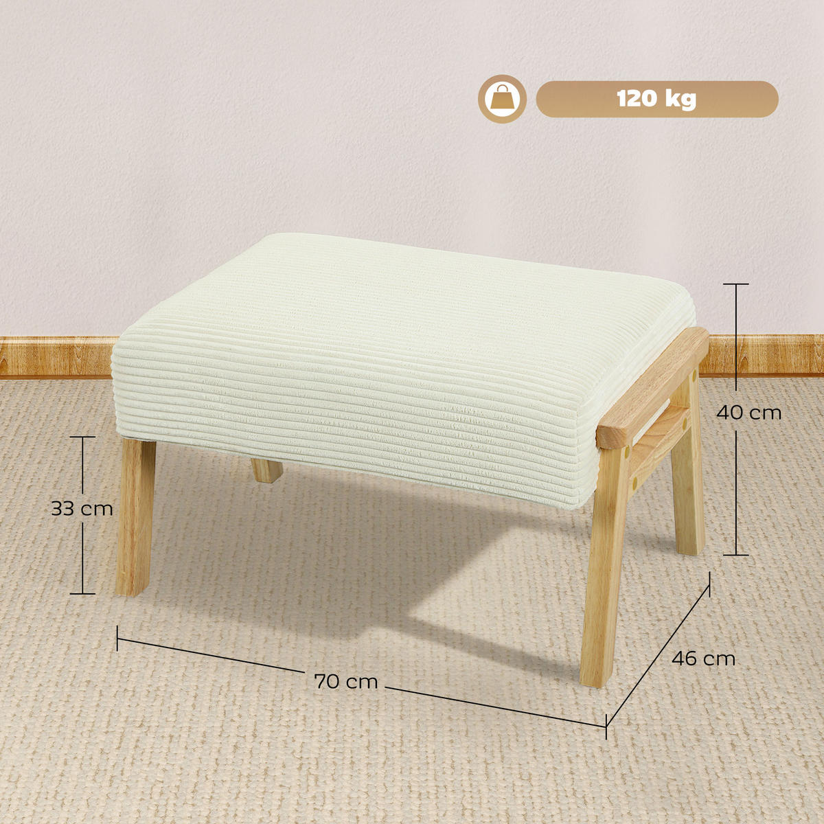 SITZHOCKER Hocker mit weichem Sitzkissen Holzbeinen Fußhocker mit Cordoptik - Creme/Naturfarben, Holz/Textil (46/40/70cm) - HOMCOM