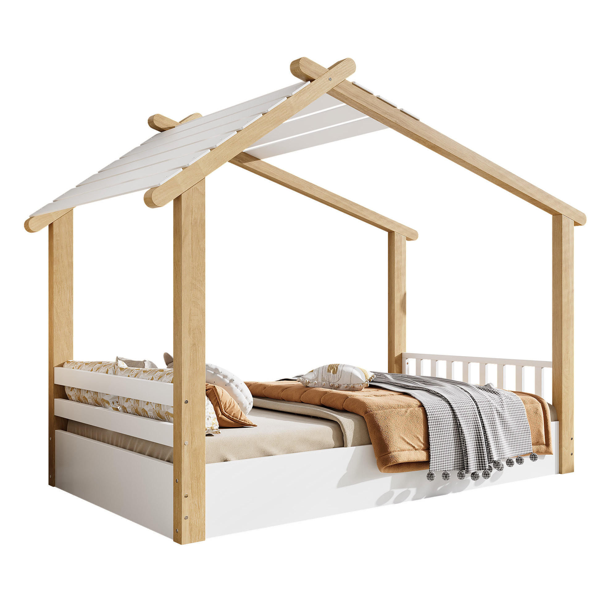 KINDERBETT aus Kiefer, Spanplatte und MDF 90x190 cm Weiß/Natur mit Hausdesign - Weiß, Holzwerkstoff (90/200cm) - IVMEU