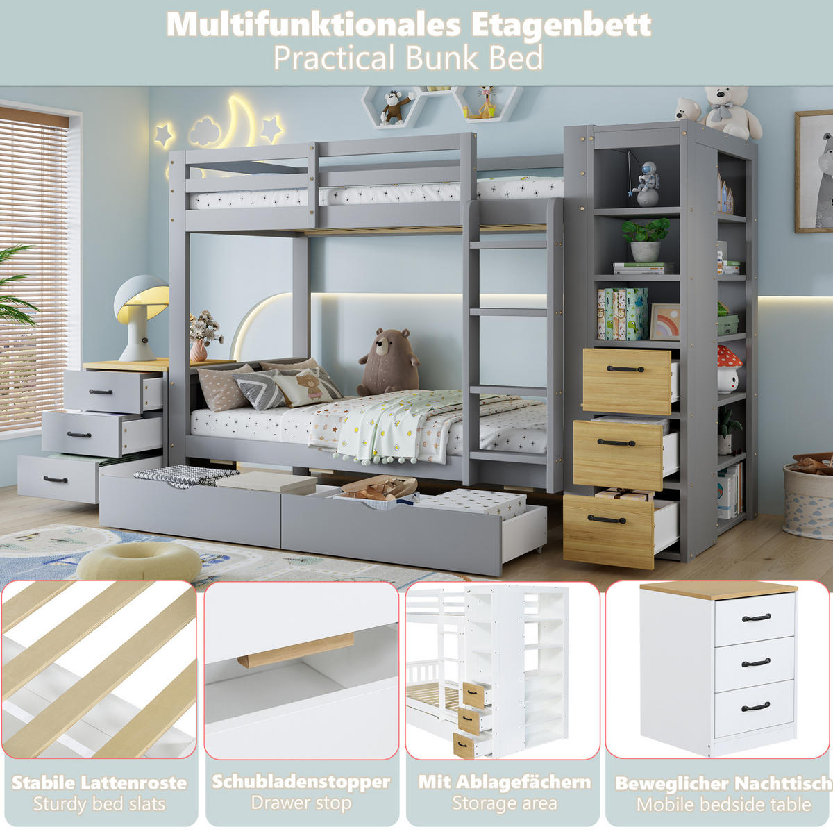 ETAGENBETT aus Massivholz, Sperrholz, Spanplatte und MDF 90x200 cm Hellgrau mit Stauraum, Leiter und Nachtkommode - Hellgrau, Holz (90/200cm) - Modfu