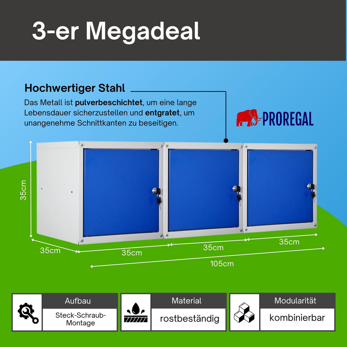 SCHLIESSFACHWÜRFEL Cubic 3er-Set 35x35x35 cm Grau-Blau - Blaugrau, Metall (105/35/35cm) - PROREGAL