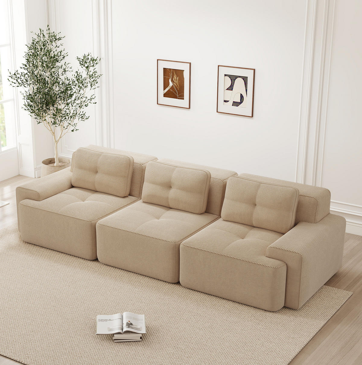 MODULSOFA boneless mit Tiefsitz 74 cm Cord Beige 3-Sitzer - Beige, Kunststoff (104/69/293cm) - Meubliv