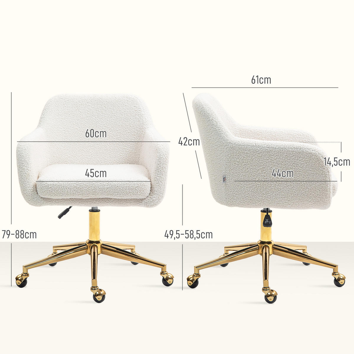 HOMEOFFICE-STUHL, höhenverstellbarer Bürostuhl mit Rollen, Samtartiger Bezug, Metallbasis, Cremeweiß - Creme, Textil (61/88/60cm)