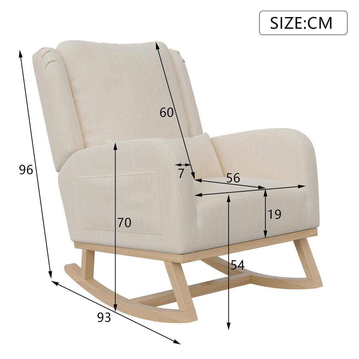 SCHAUKELSTUHL mit Massivholzrahmen, 2 Seitentaschen, Relaxsessel, Weiß - Beige, Holz (53/96/93cm)