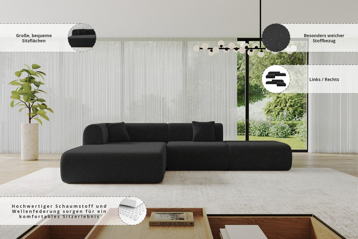 ECKSOFA Ottomane Links OVLY-L 289x176x71 Schwarz Chenille - Schwarz, Holzwerkstoff/Kunststoff (176/289cm) - ALTDECOR