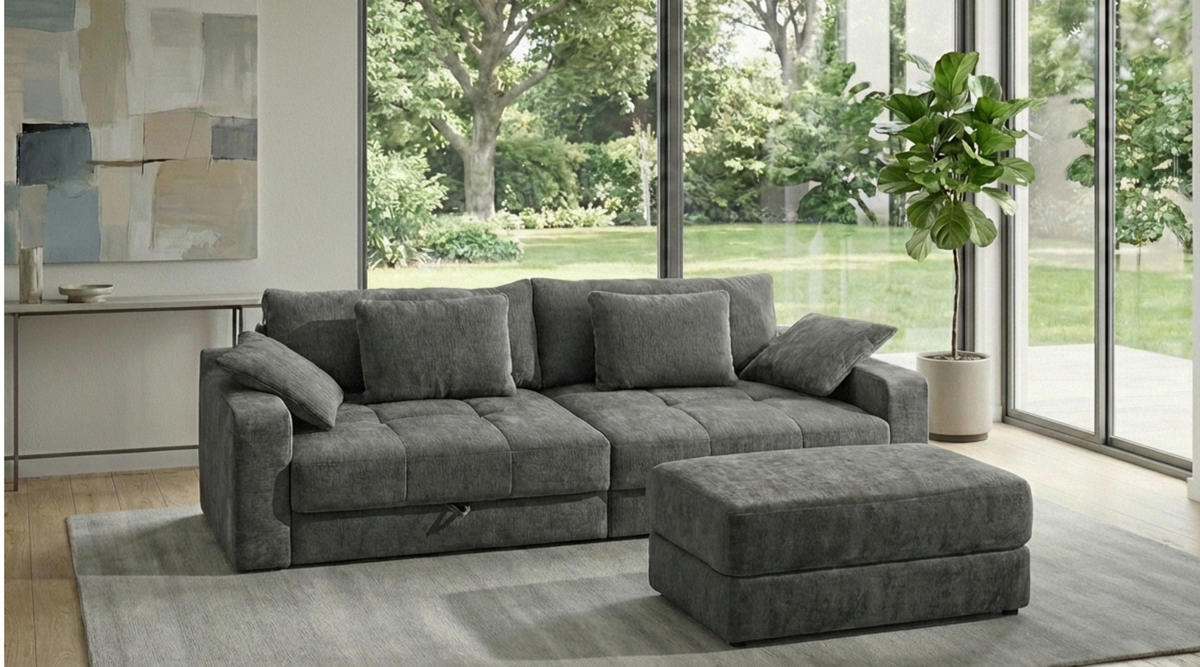 POLSTERHOCKER Federkern B124/T60/H40 cm Chenille-Bezug Grau / 15259 - Schwarz/Grau, Kunststoff/Textil (124/40/60cm) - luma-home