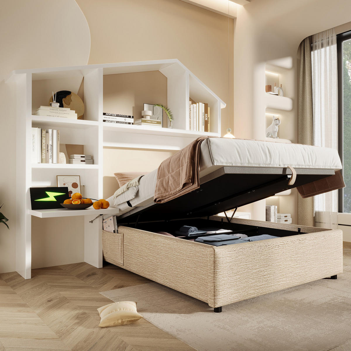 KINDERBETT 90x190cm Einzelbett mit Bücherregal Hydraulik USB-C Natur - Braun, Holz (90/190cm) - FLIEKS