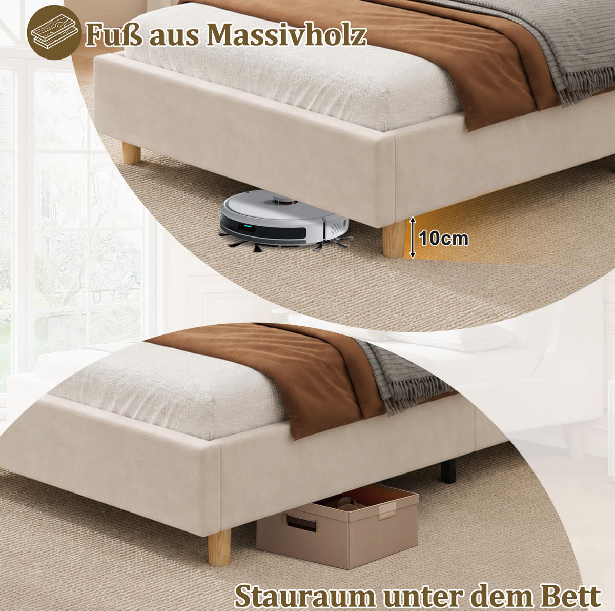 BETT 90/200 cm in Beige aus Samt mit Lattenrost und USB- und Type-C-Anschlüssen - Beige, Textil (90/200cm) - Flora Grace