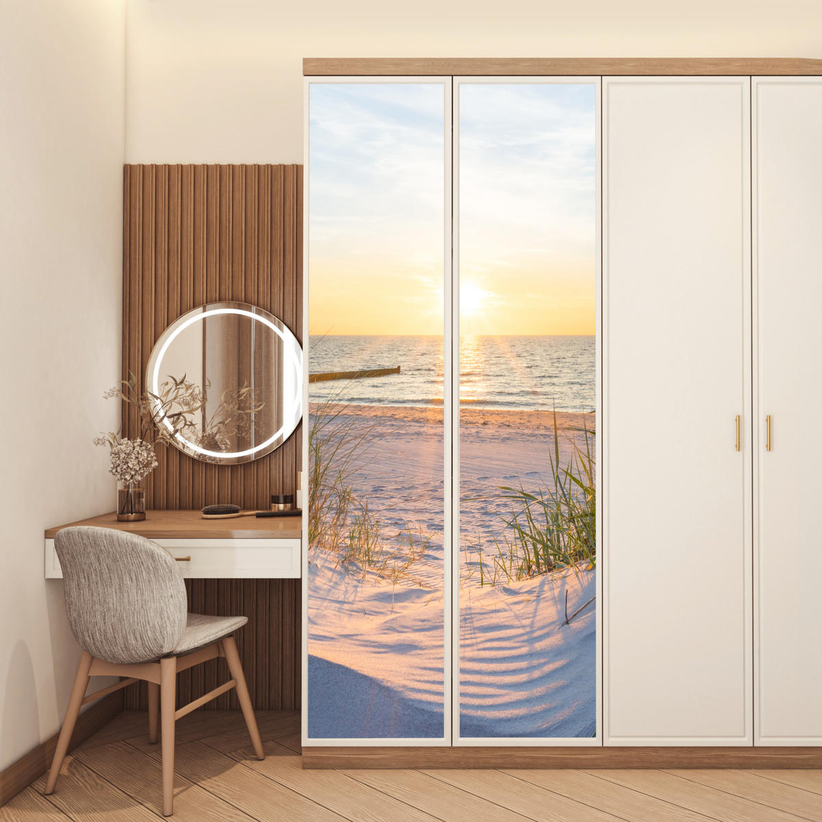 FOTOTAPETE Tür - Strand - Sonne - Düne - Gras - Sand - Horizont 95x235 cm - Dunkelgelb, Kunststoff (95/0.1cm) - MuchoWow