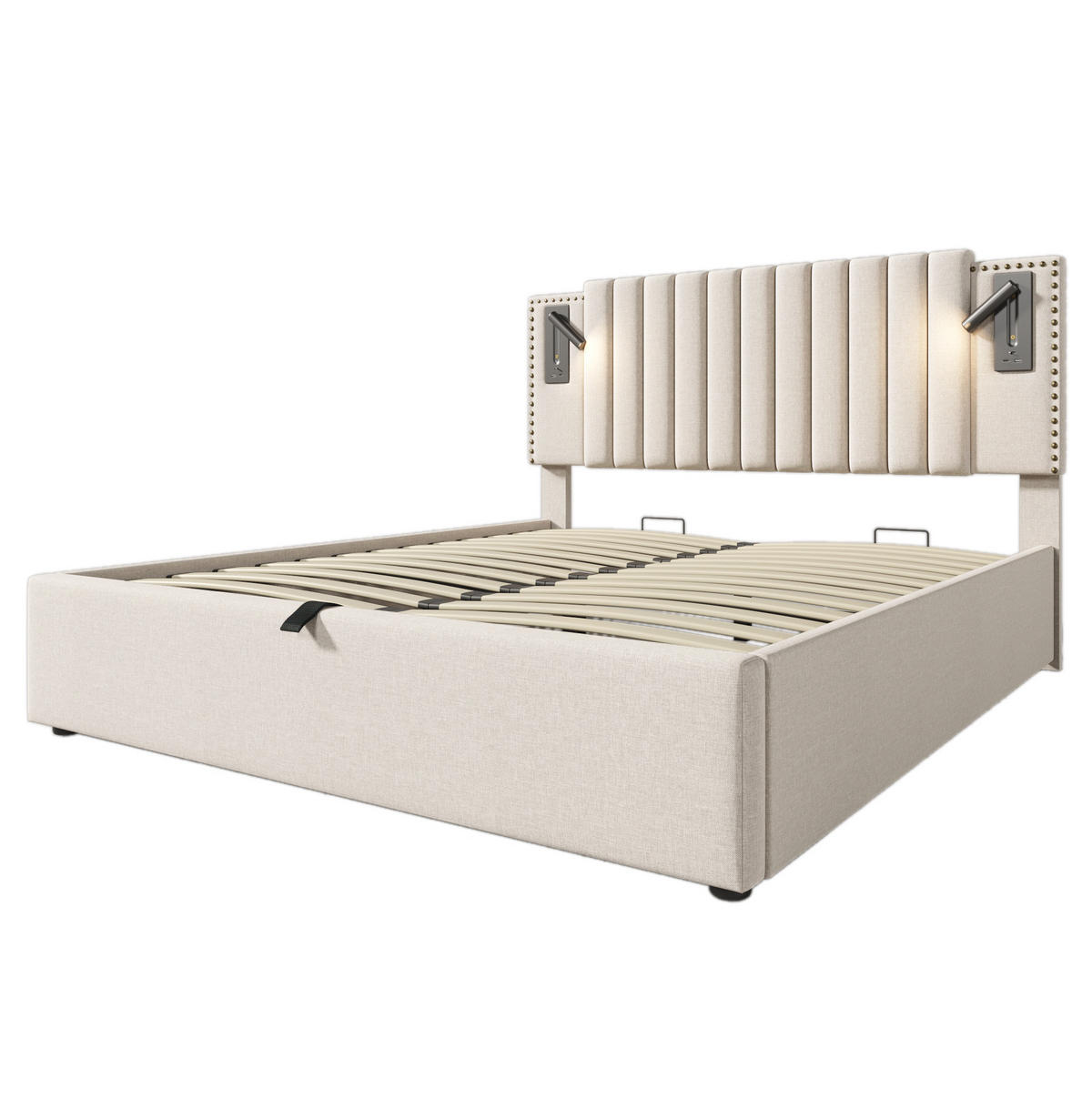 POLSTERBETT 160/200 cm Beige mit Leselicht und USB-Ladefunktion mit Matratze - Beige, Textil (160/200cm) - OKWISH