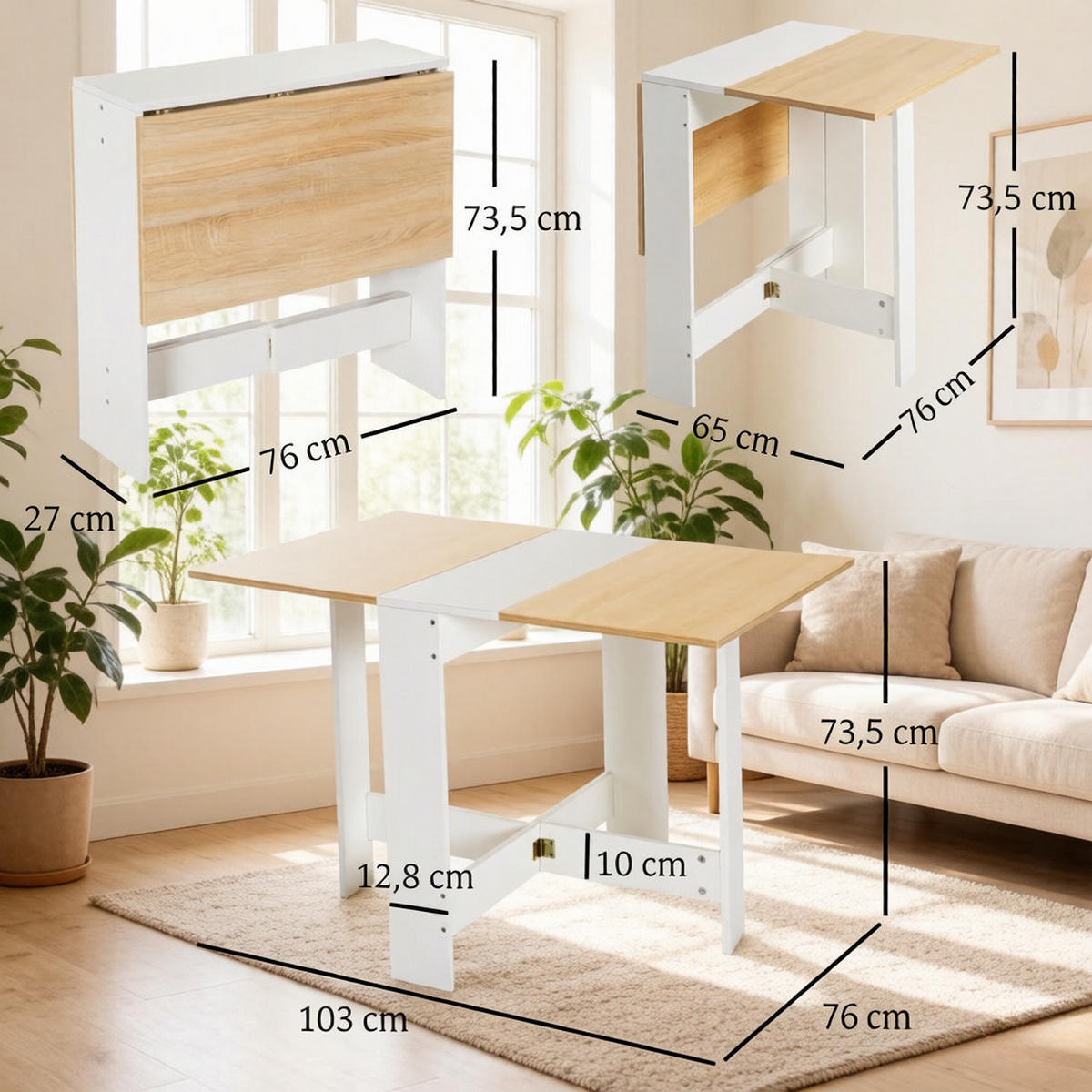 KLAPPTISCH DE-37256 zweifarbig mit MDF-Konstruktion Eiche/Weiß - Eichefarben, Holzwerkstoff (76/103/73.5cm) - ComfortXL