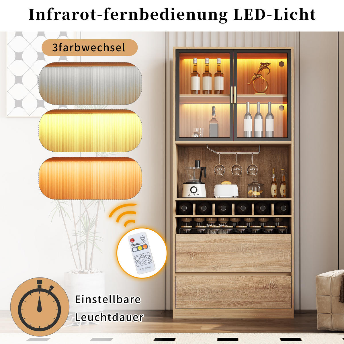 KÜCHENSCHRANK natur-optik 180 cm hoch mit 3-farben led & weinregal - Naturfarben, Holzwerkstoff (80/180/40cm) - Urban Meuble