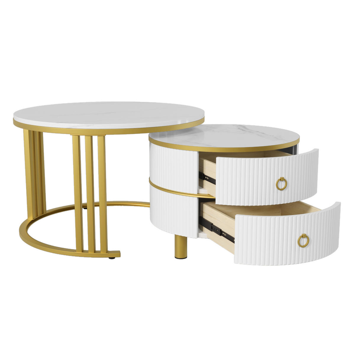 KONFERENČNÍ stolky, 70/70/46 + 50/50/40 cm, MDF bílá, 2dílná sada se zásuvkami - bílá/zlatá, kompozitní dřevo (70/70/46cm) - BEAOK