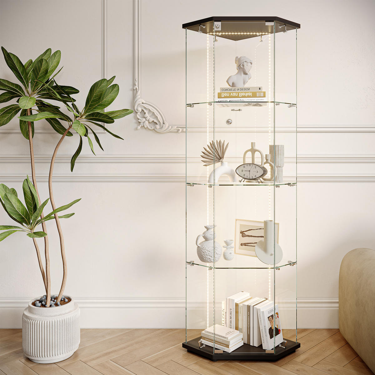 GLASVITRINE freistehend LED 1 Tür Schloss Glas schwarz - Schwarz, Holz (60/162/40cm) - LEBENLANG