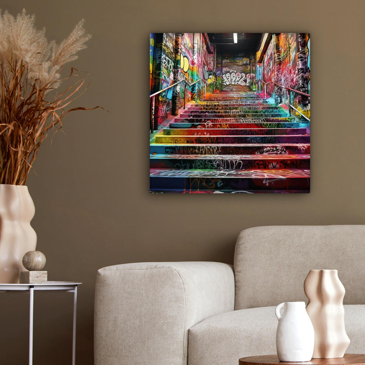 LEINWANDBILD Treppe - Graffiti - Farben - Kunst 50x50 cm - Multicolor, Textil (50/50cm) - MuchoWow