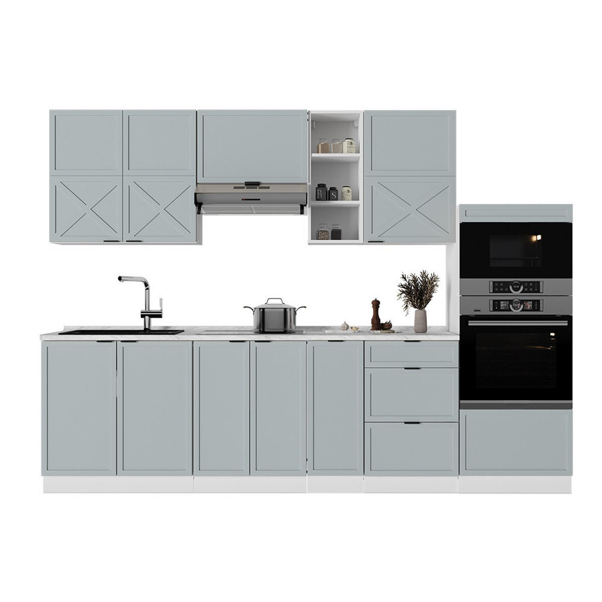 KUHINJSKI BLOK Fame-Line Svetlo modro-siva/bela 280 cm brez delovne plošče - svetlo modra/bela, leseni material (280/153.6/46cm) - Vicco