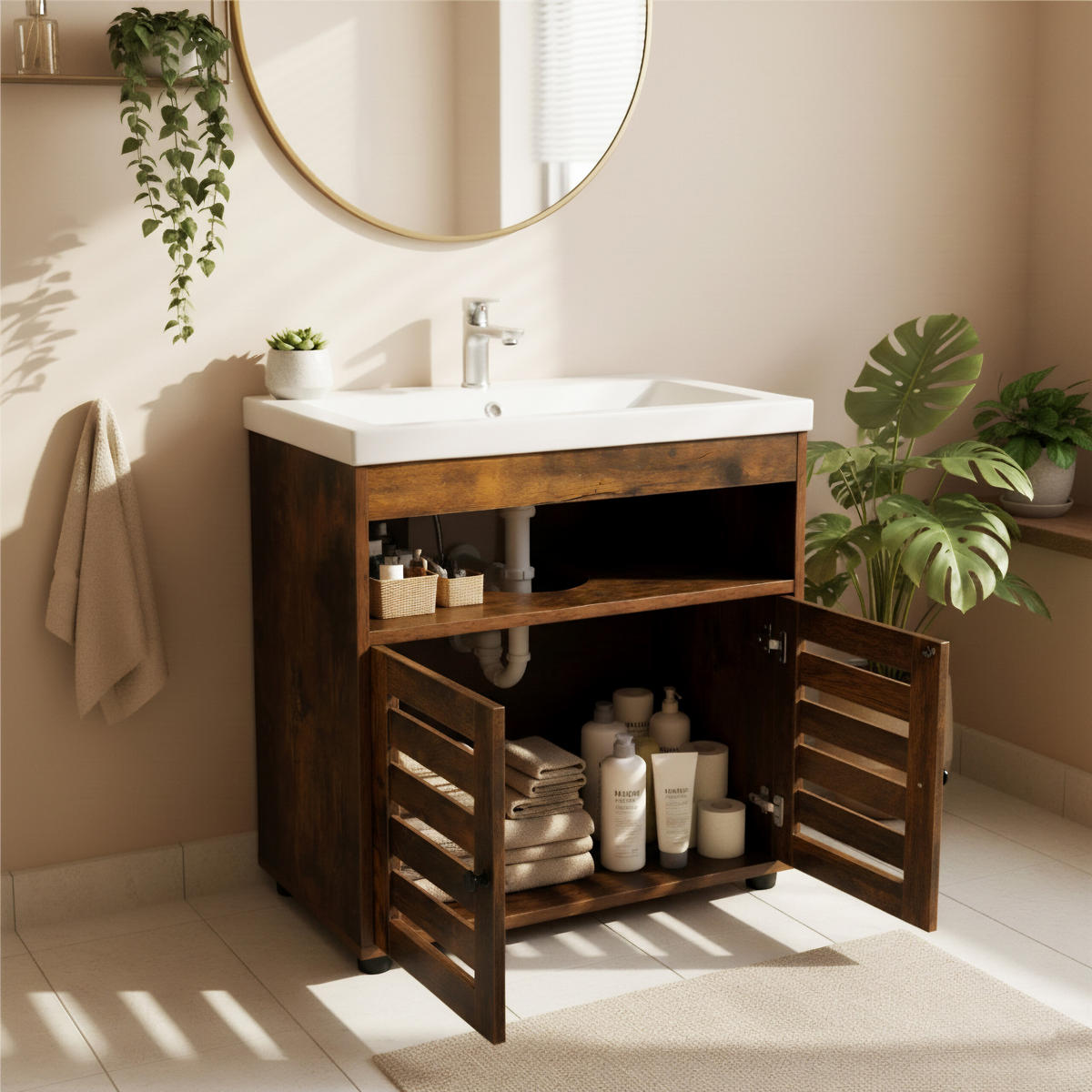 WASCHBECKENUNTERSCHRANK - Schwarz/Braun, Holzwerkstoff/Kunststoff (60/63/30cm) - Relaxdays
