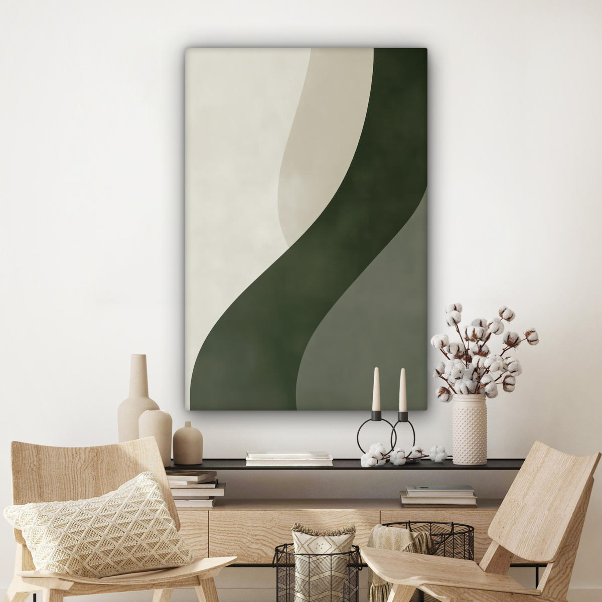 LEINWANDBILD Japandi - Grün - Abstrakt - Modern Deko Groß 90x140 cm - Olivgrün, Textil (90/140cm) - MuchoWow