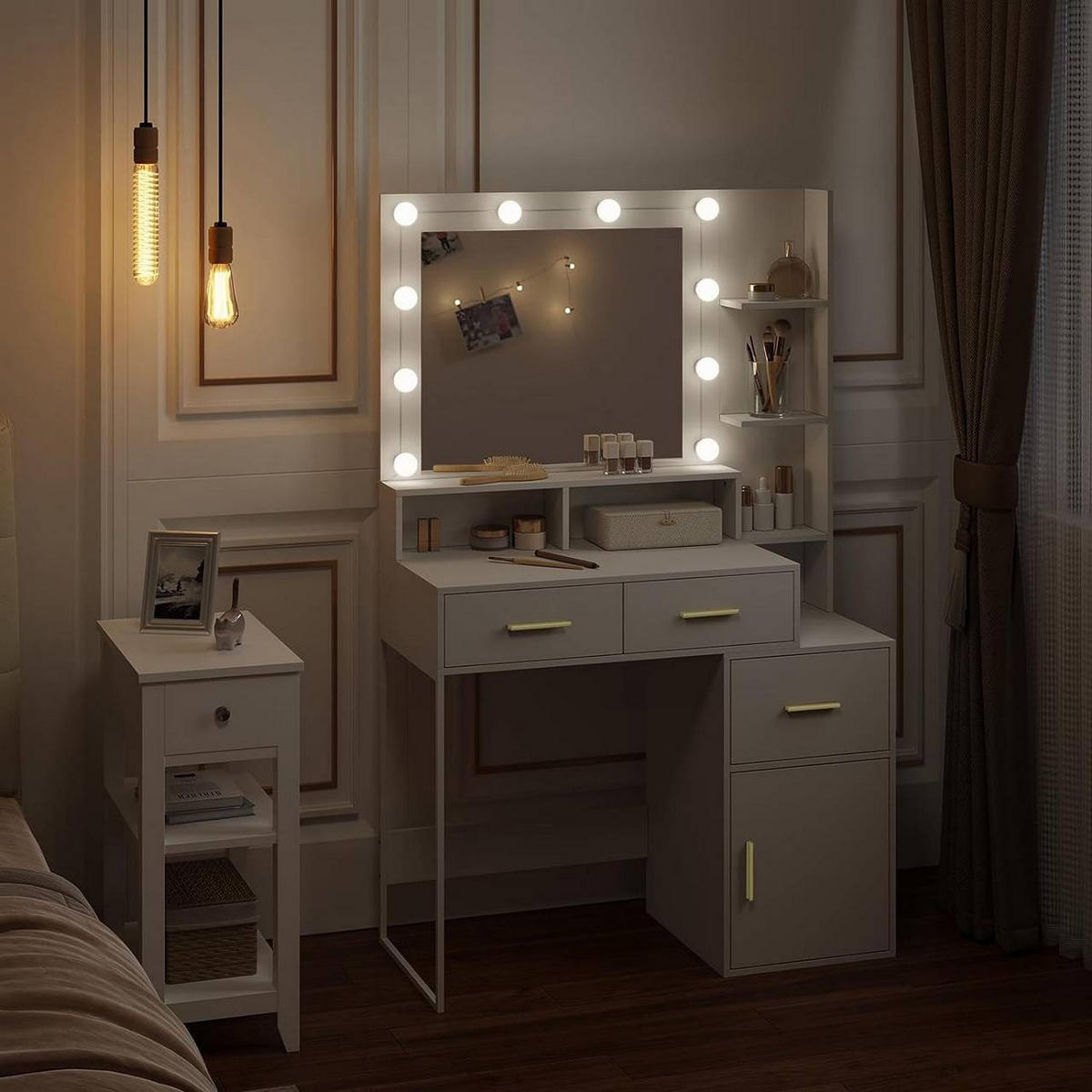 SCHMINKTISCH mit LED, Spiegel, 3 einstellbare Helligkeiten, Weiß - Goldfarben/Weiß, Holzwerkstoff (90/143/39.5cm) - Woltu