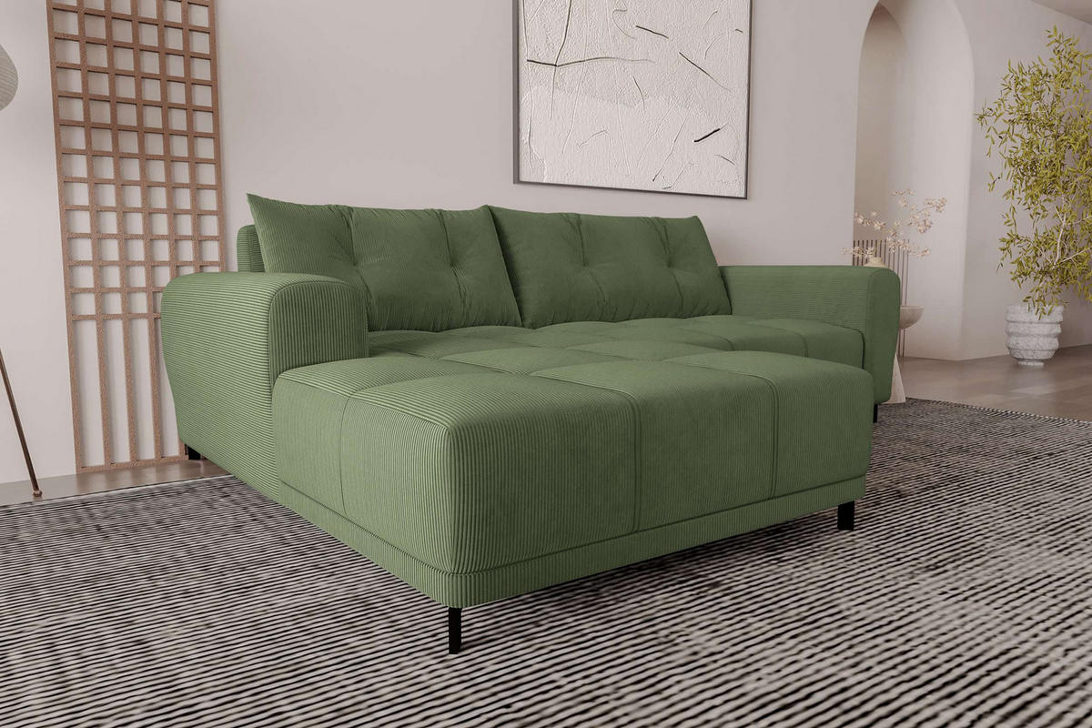 ECKSOFA Massimo Cordstoff Olivgrün inkl. Schlaffunktion Links - Schwarz/Olivgrün, Textil/Metall (246/177cm) - 99rooms