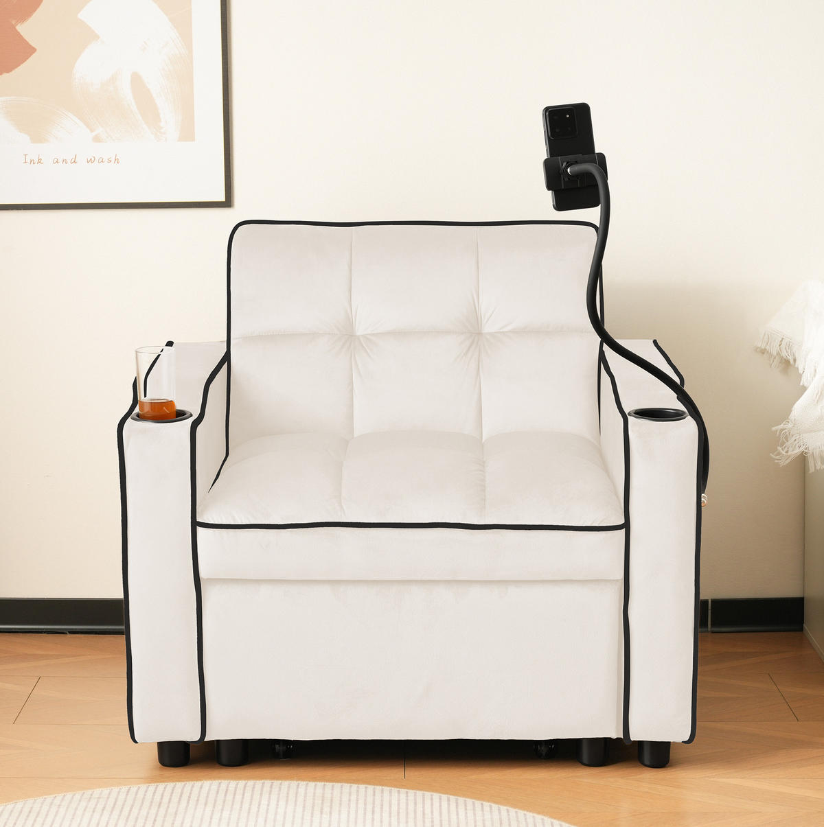 SCHLAFSESSEL 3-in-1 Samt mit Getränke und Handyhalter Beige 83/167/76 cm - Beige, Textil (83/76/167cm) - Redom