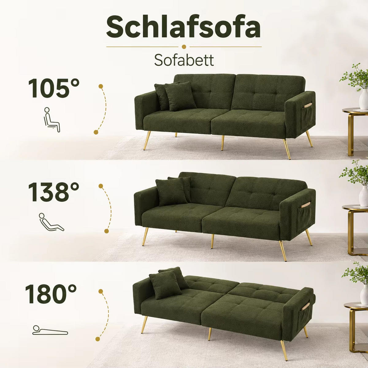 SCHLAFSOFA 2-Sitzer Sherpa, Verstellbare Rückenlehne mit Bettfunktion, Antikgrün - Dunkelgrün, Textil (175/72/64cm) - Kaket