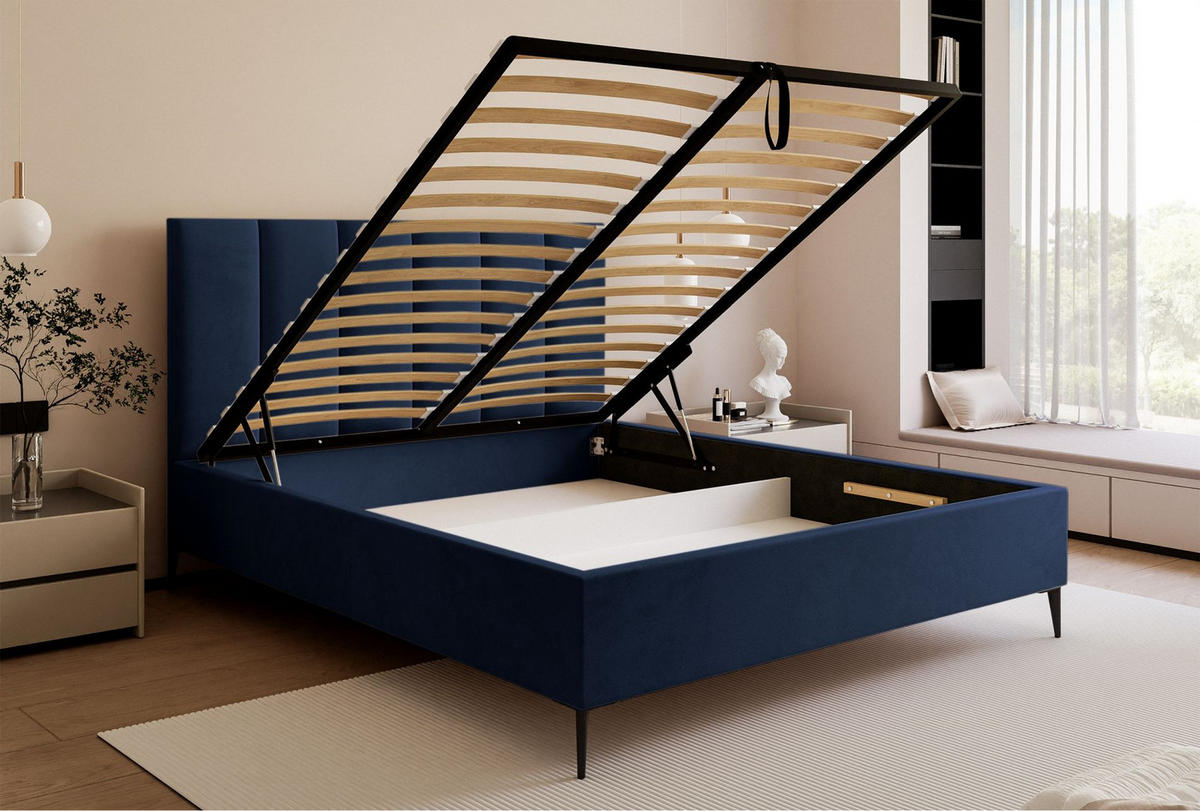 POLSTERBETT Masego Marineblau mit Metallbeinen, Velours, 160x200 cm - Schwarz/Dunkelblau, Textil/Metall (160/200cm) - Selsey