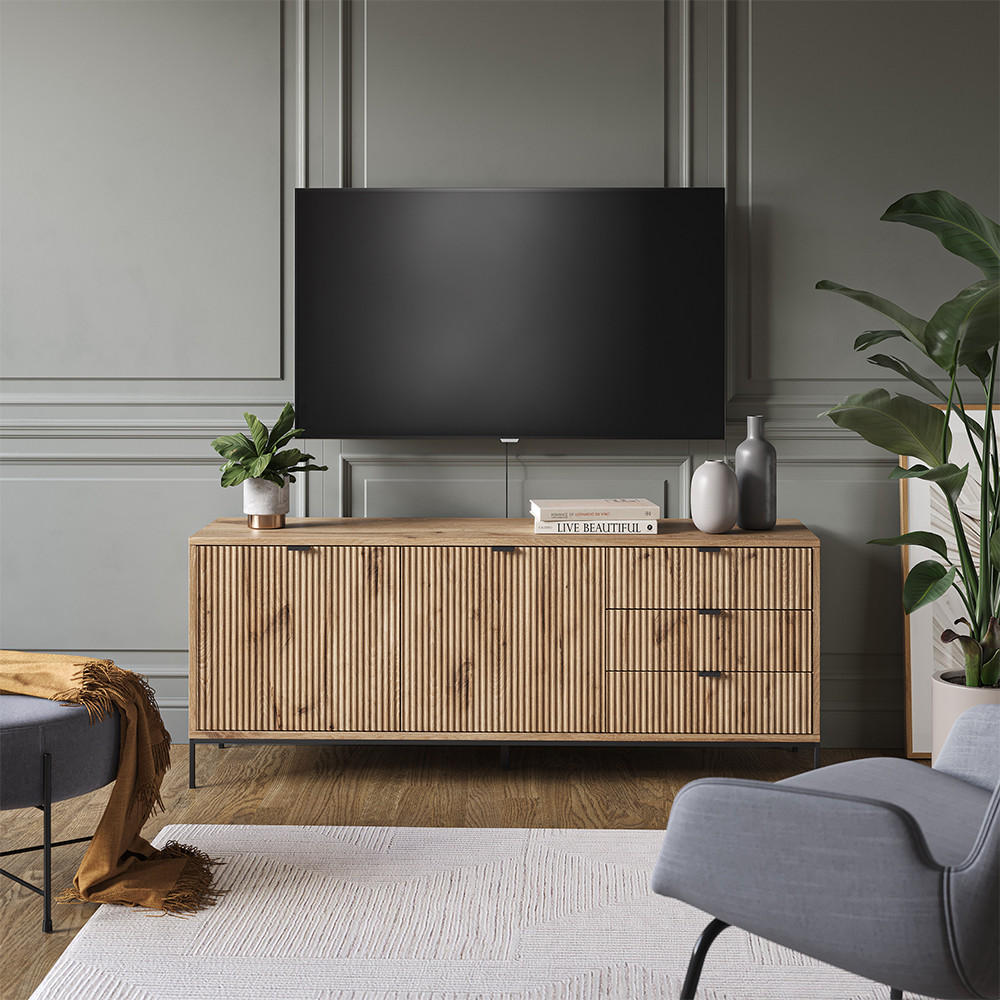 LOWBOARD Eliza Viking Oak 150.1 x 60 cm mit 3 Schubladen, 2 Türen - Eichefarben, Holzwerkstoff (150/60/42cm) - Vicco