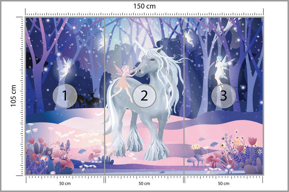 FOTOTAPETE für Kinderzimmer Einhorn Feen Magischer Wald 150x105 - Blau/Violett, Papier (150/105cm) - Muralo