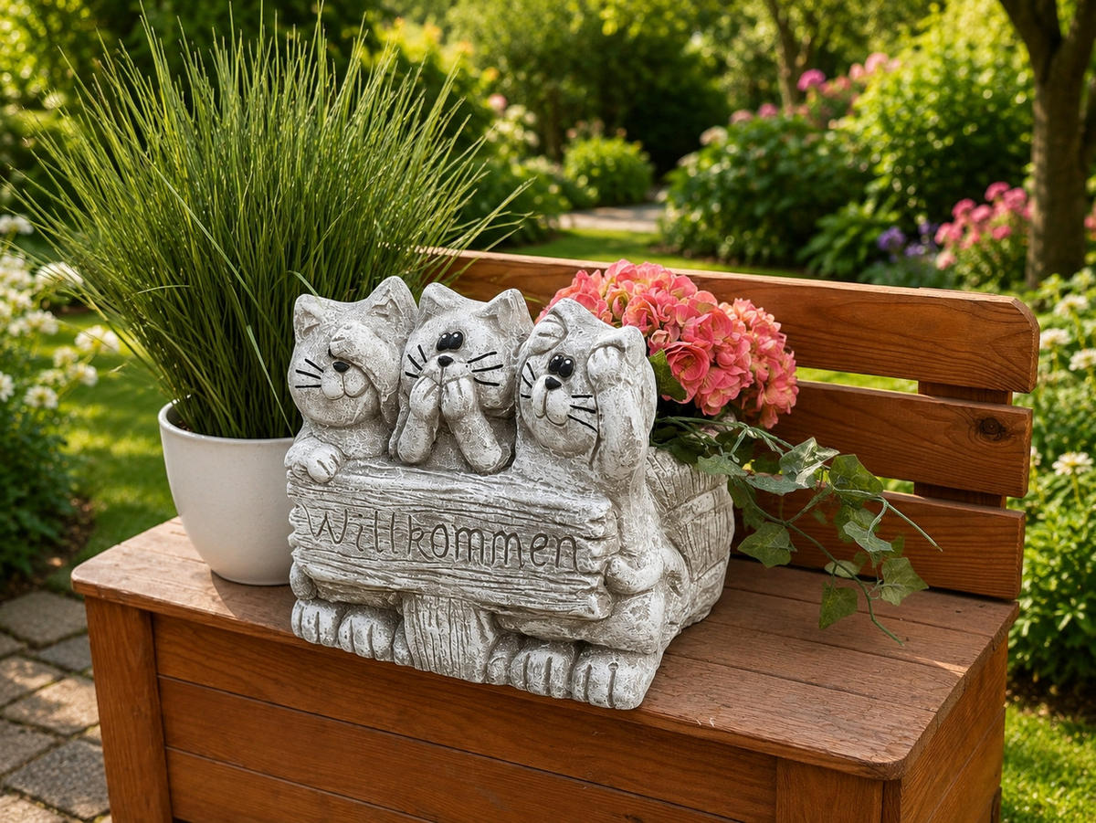 KATZEN Pflanzgefäß 3 Katzen Willkommen aus Steinguss frostfest - Grau, Stein (30/26/35cm) - stoneandstyle