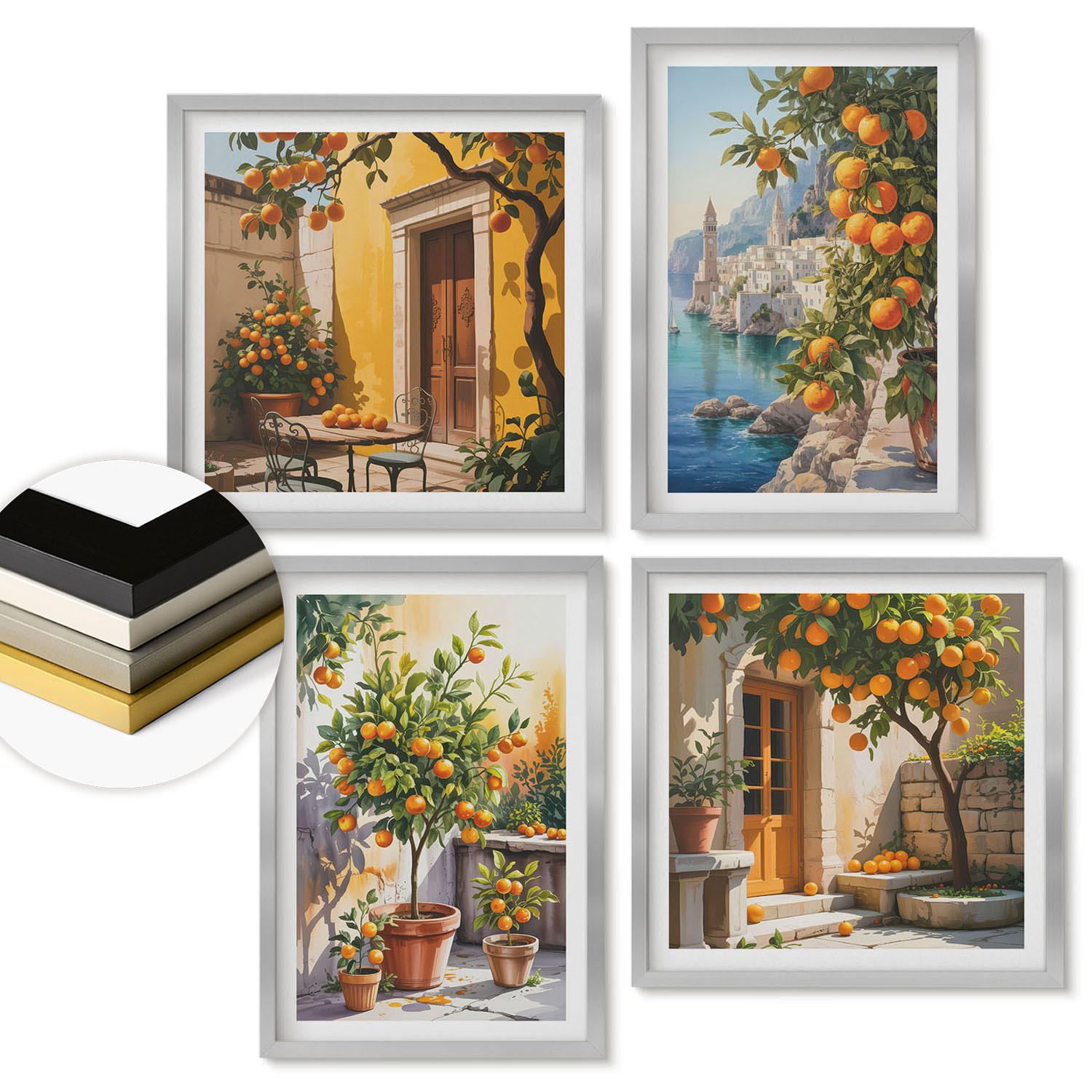 WANDBILDER 4er Set - 50x50 cm & 40x60 cm Silberner Rahmen - Gemalte Zitruslandschaften - Silberfarben, Kunststoff (50/50cm) - ArtPrintCave