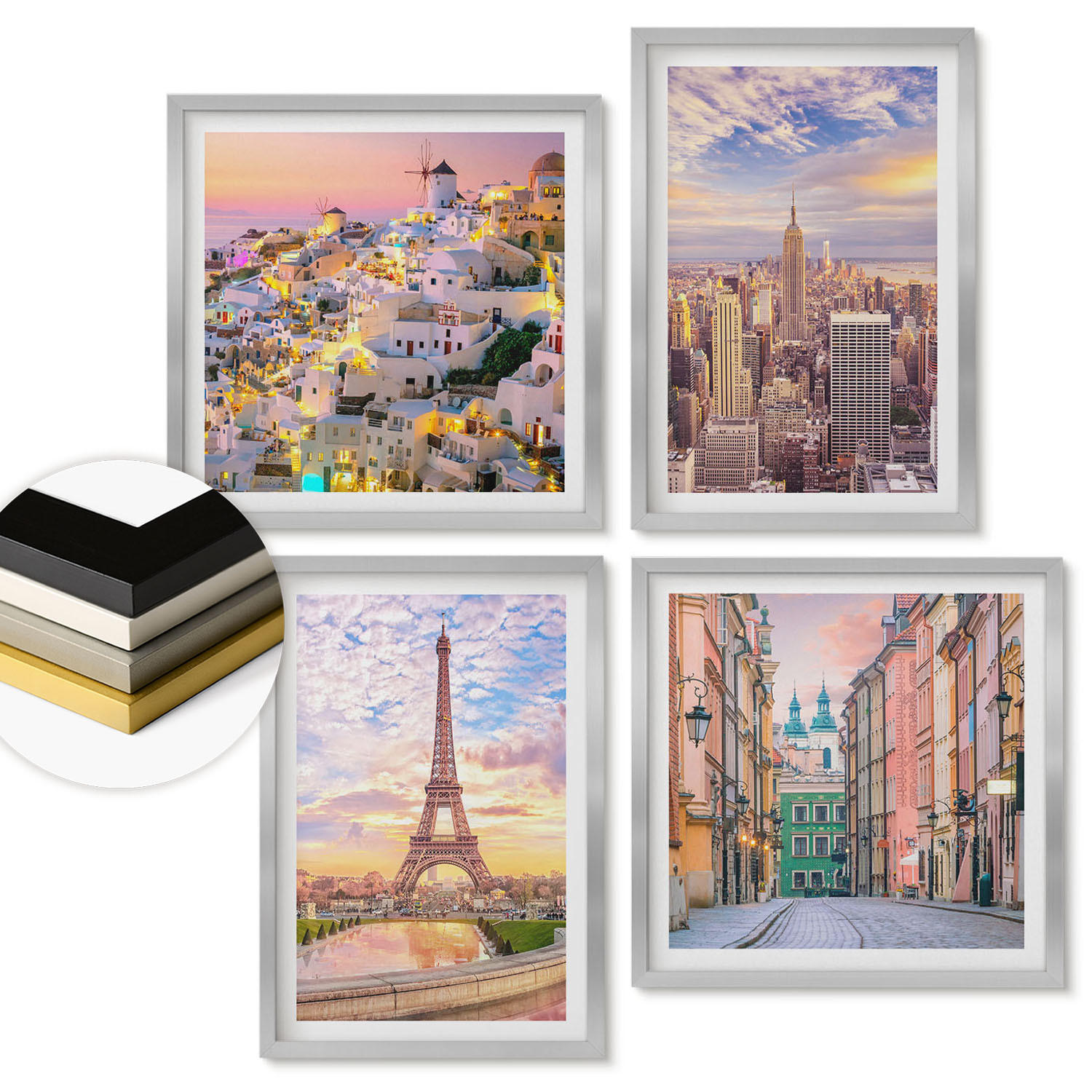 WANDBILDER 4er Set - 50x50 cm & 40x60 cm Silberner Rahmen - New York Paris Oia Warschau Dämmerung - Silberfarben, Kunststoff (50/50cm) - ArtPrintCave