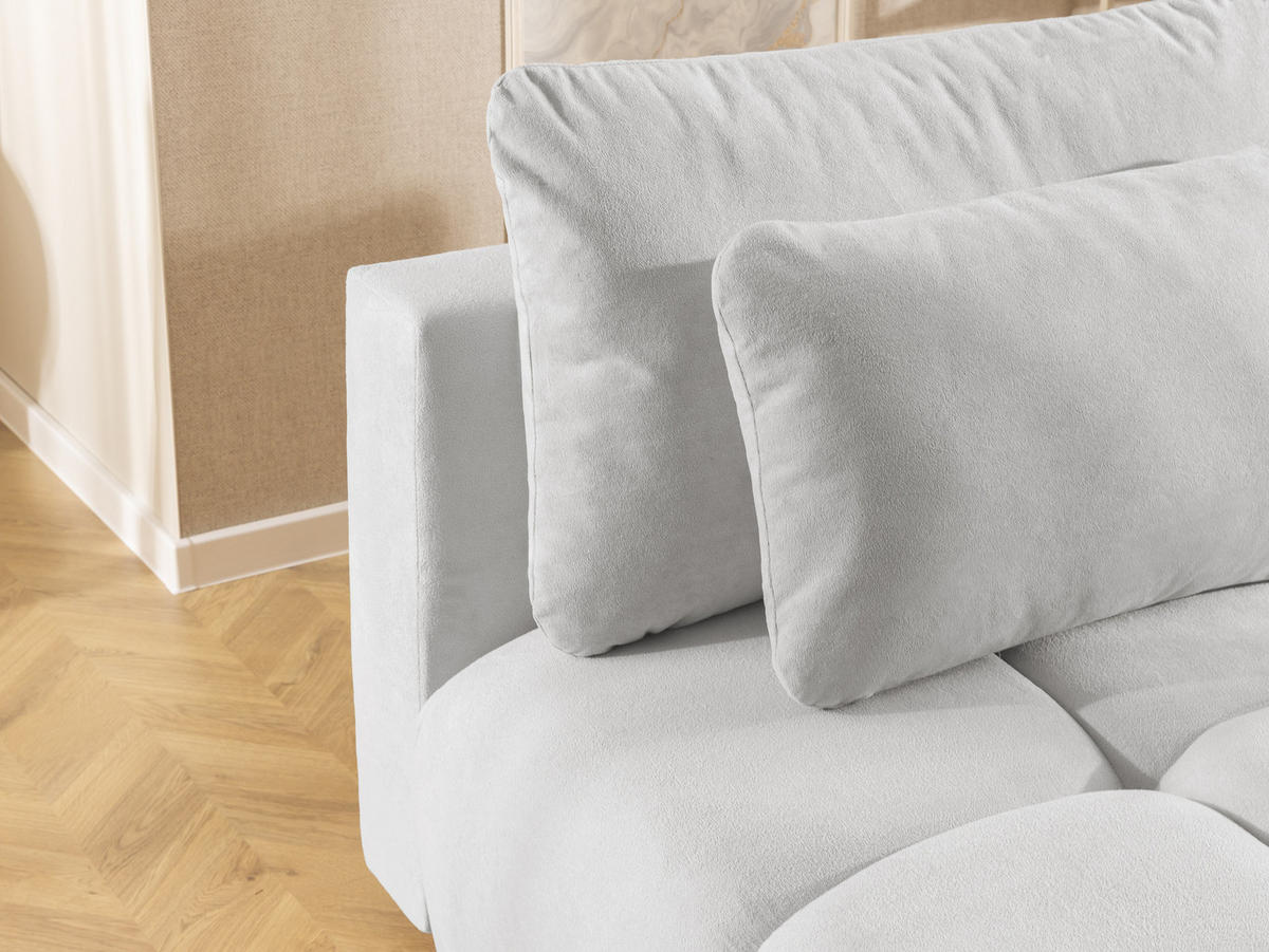 ROZKLÁDACÍ POHOVKA Belluno z kvalitní světle šedé plyšové potahové látky s úložným prostorem a hlubokým prošíváním v designu Bubble. - černá/světle šedá, dřevo/textil (205/87/105cm) - S-Style