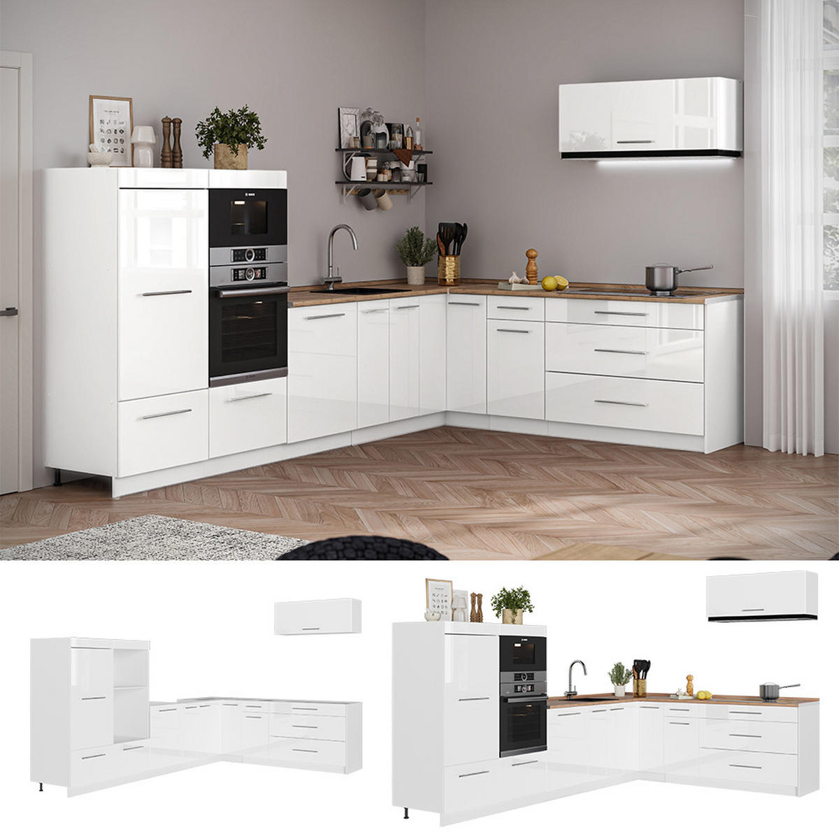 ECKKÜCHE Fame-Line, Weiß Hochglanz/Weiß, 327 x 227 cm, AP Eiche - Weiß Hochglanz/Weiß, Holzwerkstoff (327/153.6/60cm) - Vicco